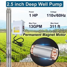 1HP 2.5" OD Deep Well Submersible Pump 110V 13 GPM 311FT Max 26 Stage 50FT Cord