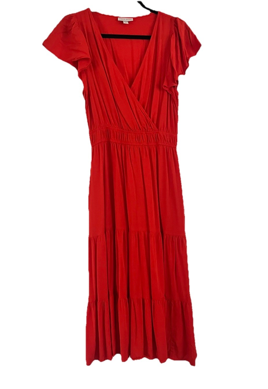 Knox Rose Dress Womens Small Red Orange Tiered Midi Flutter Sleeve Rayon V Neck