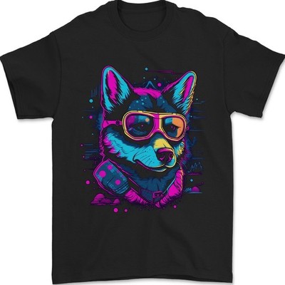 A Retrowave Husky Hund Herren 100% Baumwolle