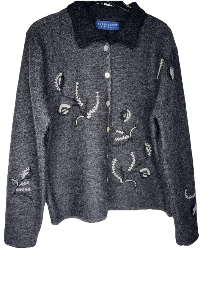 Cárdigan Karen Scott de lana pura para mujer talla grande gris bordado Foto 3 de 4