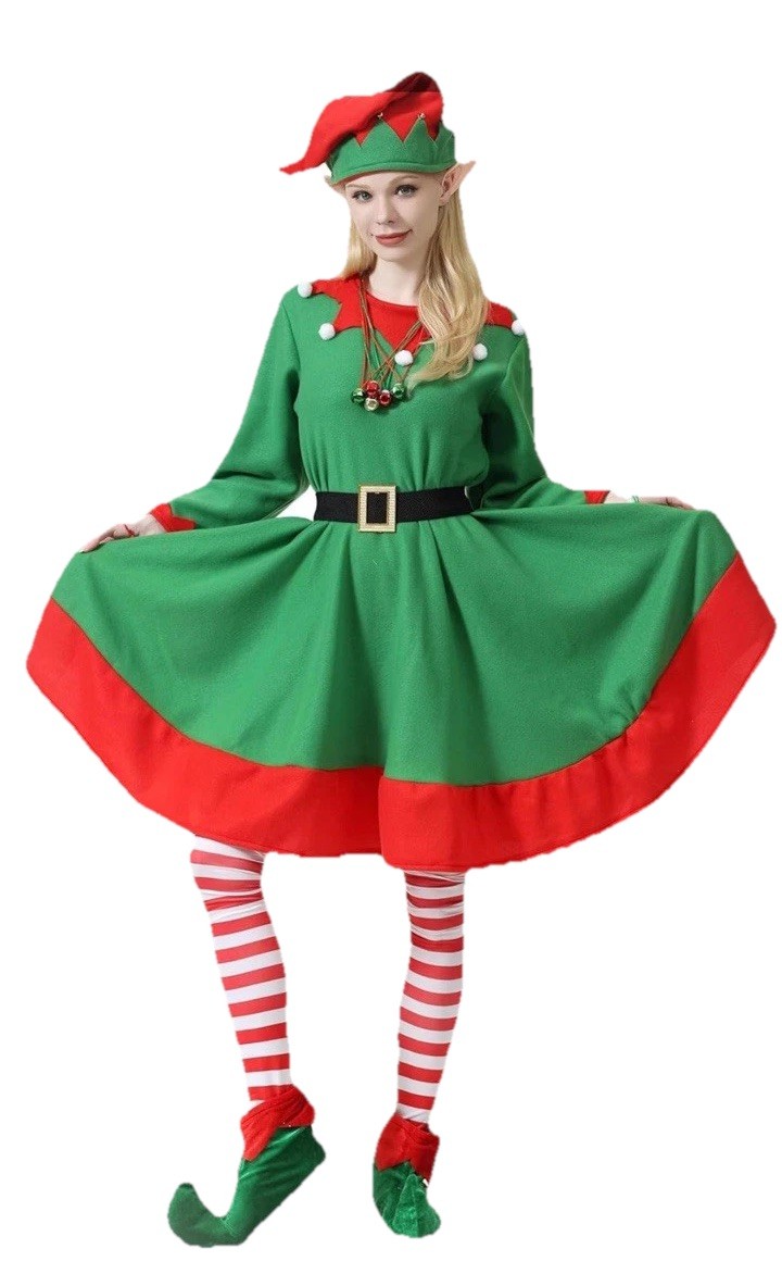 Juego de 13 piezas de disfraces de duende de Navidad para mujer, disfraz de ayudante de Santa, verde Navidad