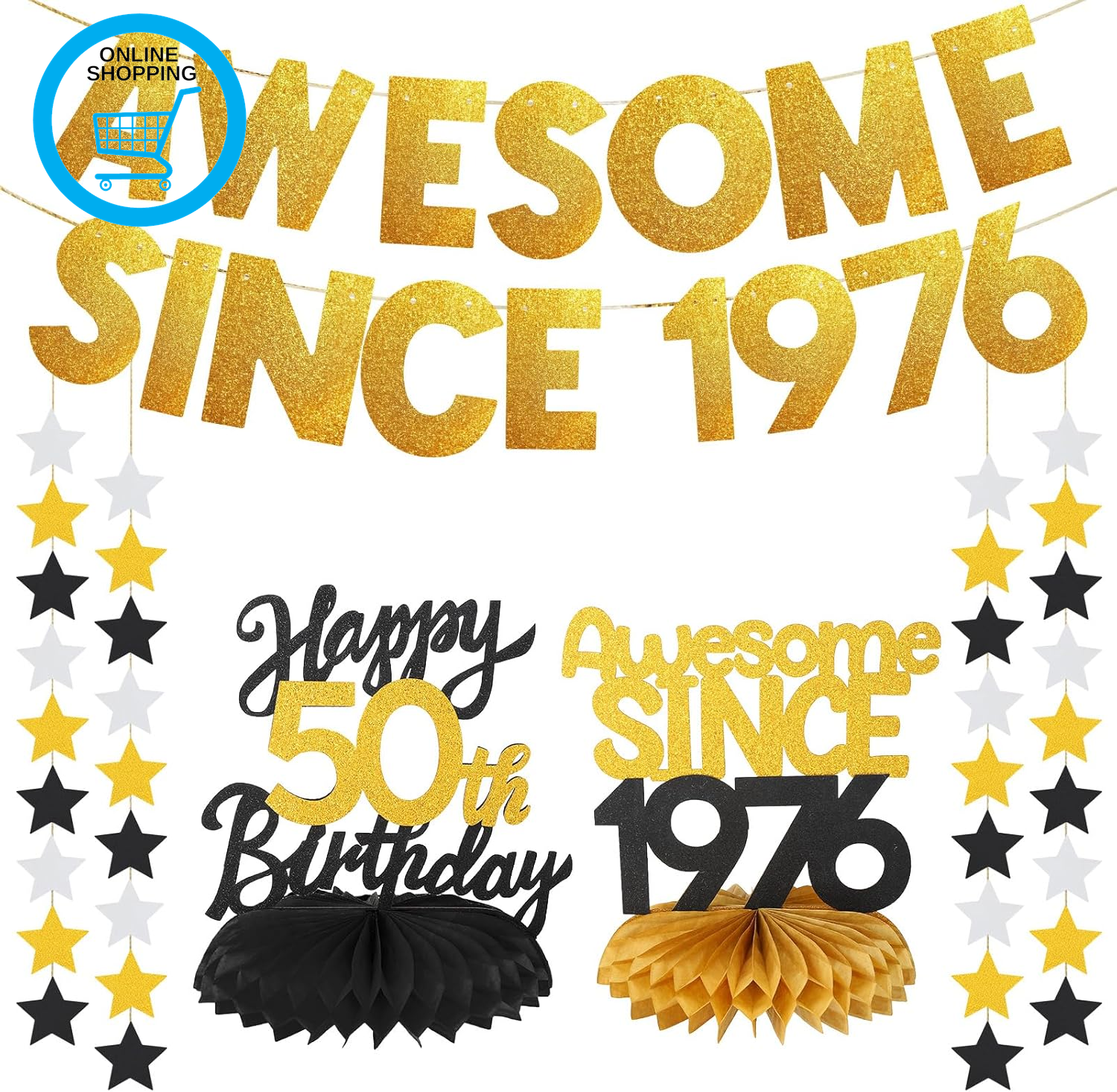 50Th Birthday Decorations Set,Awesome since 1976 Glitter Banner for Men Women,Bl