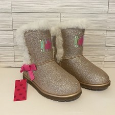 NWT Juicy Couture Girls Gold Glitter Snow Boots Pink Bow Faux Fur Trim Size 4