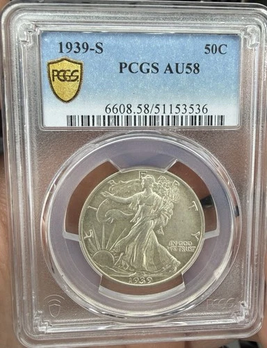 ⭐️PCGS 1939-S SILVER WALKING LIBERTY HALF DOLLAR AU58⭐️ GOLD SHIELD