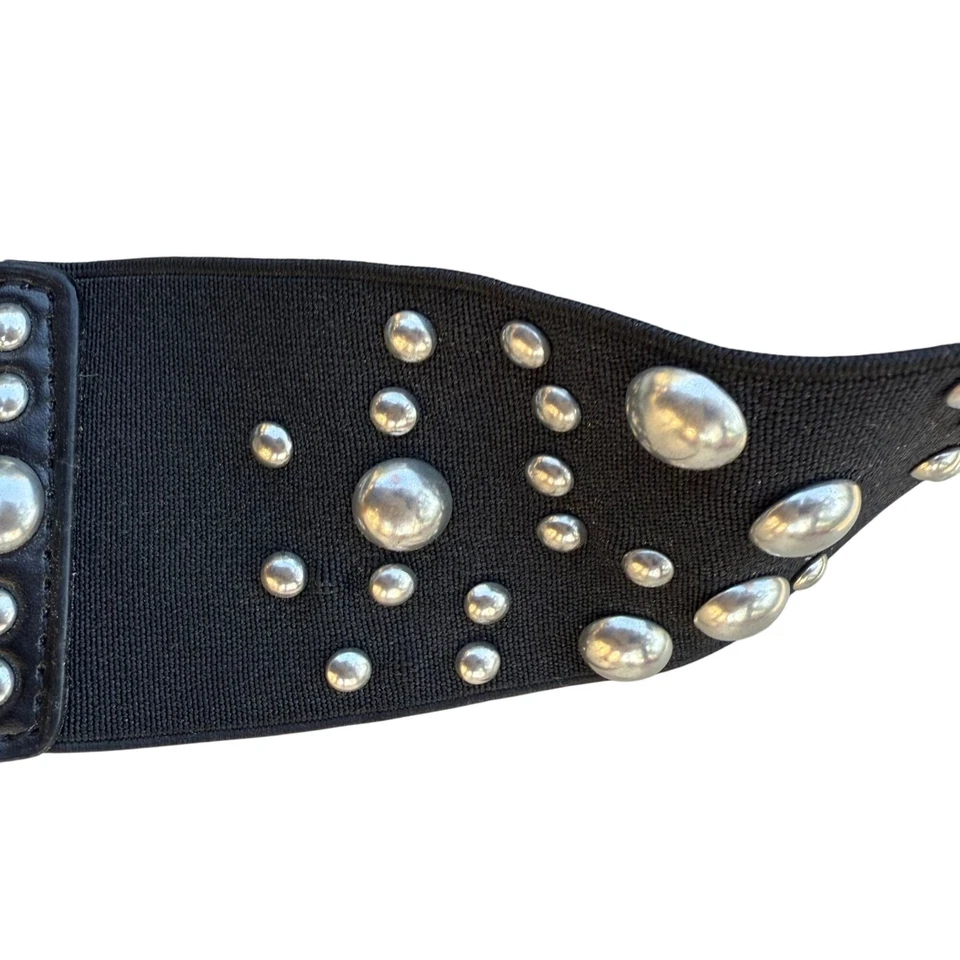Betsey Johnson Leather Stretch Embellished Clasp Belt Medium Black Silver - Image 3 of 4