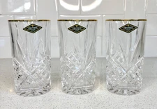 Godinger ShannoN Crystal Cut Glass Highball Glasses With Gold Rim Set of 3