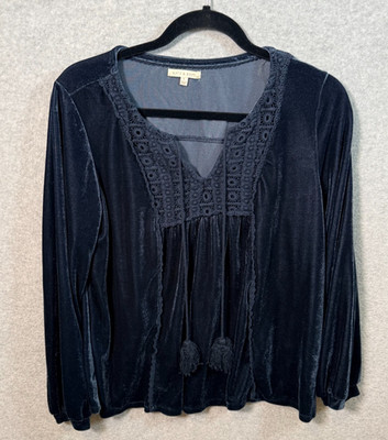 Kate & Sam Midnight Blue Velvet Boho Peasant Style Blouse with Tassels Sz L
