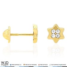 14K Yellow Gold White Zircon Star Of David Screw Back Stud Kids Earrings