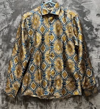 Barry Wang Shirt Men's Medium Jacquard Diamond Moroccan Print Wedding Party Club
