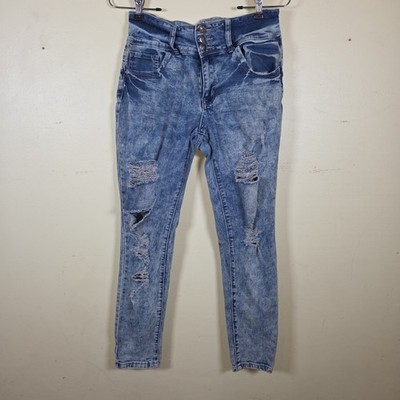 Hot Kiss Get the Lift Stone Washed Distressed Blue Jeans Tapered Leg Size 11