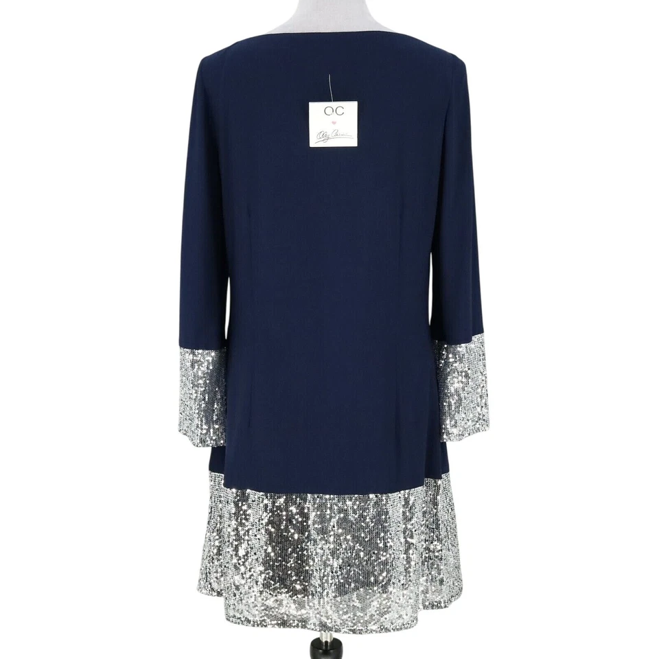 Oleg Cassini Dress Womens 8 Navy Blue Silver Sequins Hem n Cuffs Stretch Knit - Image 2 of 4