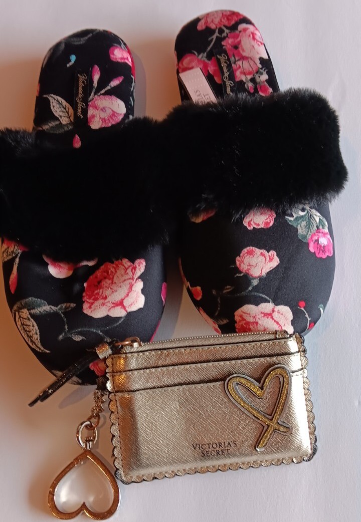 Victoria Secret Satin Slippers Floral Rose Size M Set with - Main Image