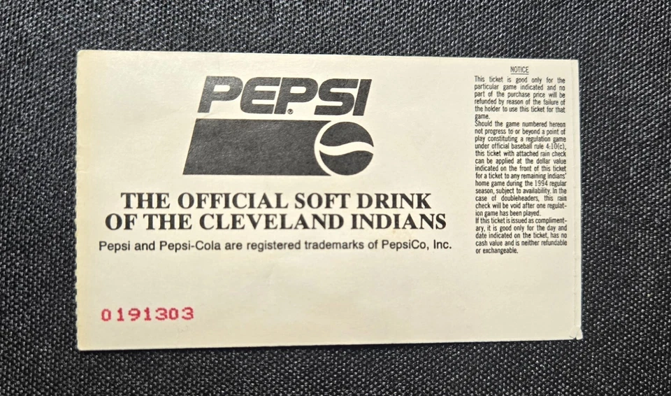 JACOBS FIELD FIRST GAME TICKET STUB 1994 CLEVELAND GUARDIANS INDIANS CHIEF WAHOO - Image 2 of 2
