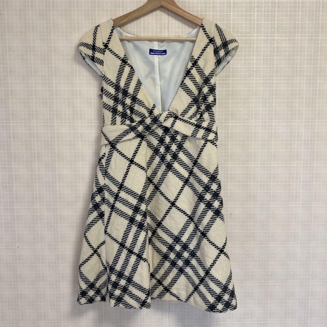 Burberry Blue Label Nova Check Beige Knit Wool One-Piece Dress M Size