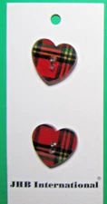 (2)JHB 3/4" HEART-SHAPE RED GREEN PLAID PLASTIC 2-HOLE NOVELTY BUTTONS-E329
