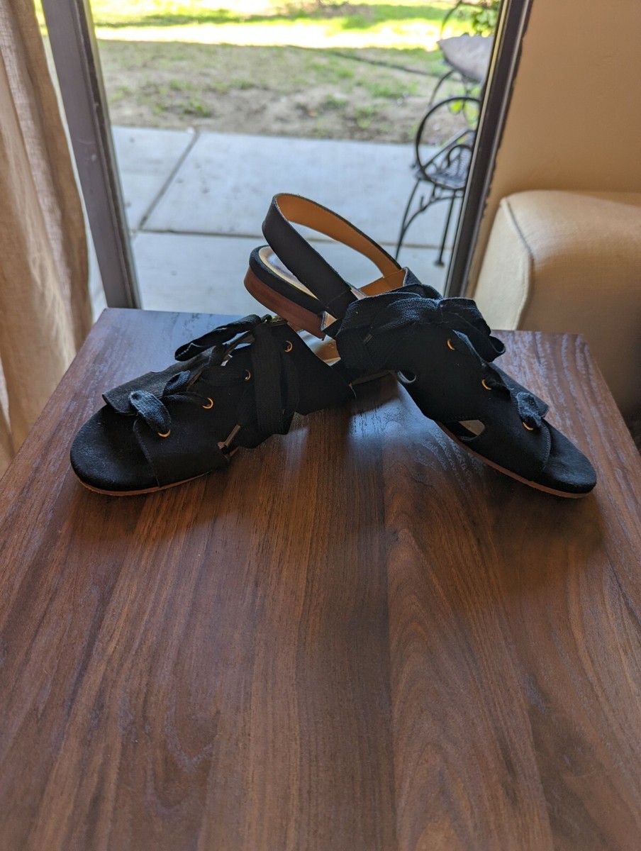 Sezane Rachel Sandals Flats Lace Women's Size 39 Shoes Black Goat