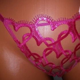Victoria Secret Panty Thong V String Sheer Pink Hearts Embroidered Dream Angels