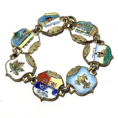 VTG ENAMEL Crest LINK BRACELET CANADA Fleur D Lis MAPLE NIAGARA Banff Made Italy