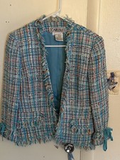 Carlisle Vintage Wool Blend Multicolor Tweed Blazer W/Fringe And Ribbon Detail