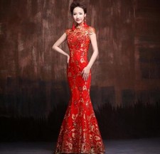 Women's Bride Wedding Cheongsam Fishtail Dress Long QiPao Evening Fashion