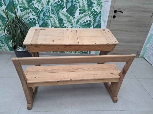 Pupitre - Ancien bureau d’écolier avec banc – Restauré - Afbeelding 4 van 4