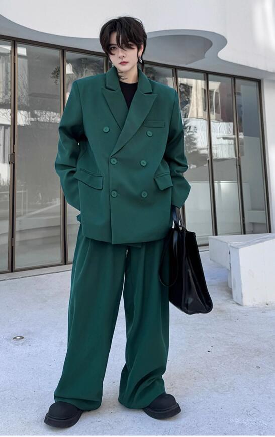 Korean Fashion double breasted suit for men coat Jacket long Pants trousers  2pc