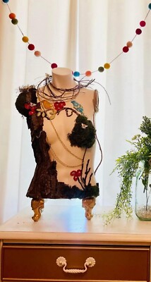 Exquisite Mannequin Female Torso Features Birds, Bees, Twigs And Gold Stand