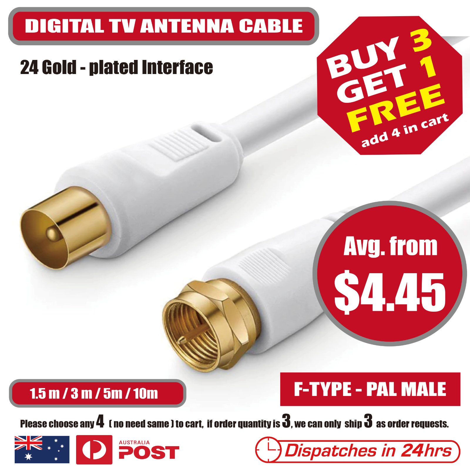 TV Antenna Extension Cable FType to PAL Male Aerial Flylead Cord 1.5m