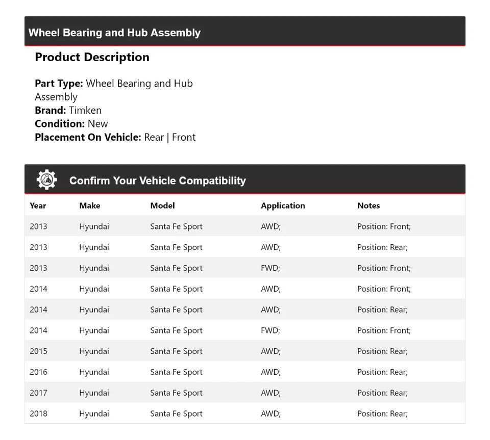 Conjunto de cojinete de rueda y buje deportivo Timken 2014 para Hyundai Santa Fe 2013-2018 Foto 2 de 4