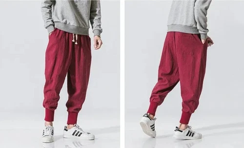 Lässige Herren Japanische Jogginghose Baumwolle Leinen Stretch Gummizug Hose Jogger - Bild 14 von 27