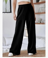 Women's Black Wide Leg Casual Pants with Elastic Waist and Pockets