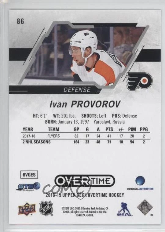 2018-19 Upper Deck Overtime Blue Foil Ivan Provorov #86 - Image 2 of 2