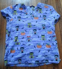 Cassandra O - Womens Purple w/Colorful Halloween Pattern Medical Small Scrub Top