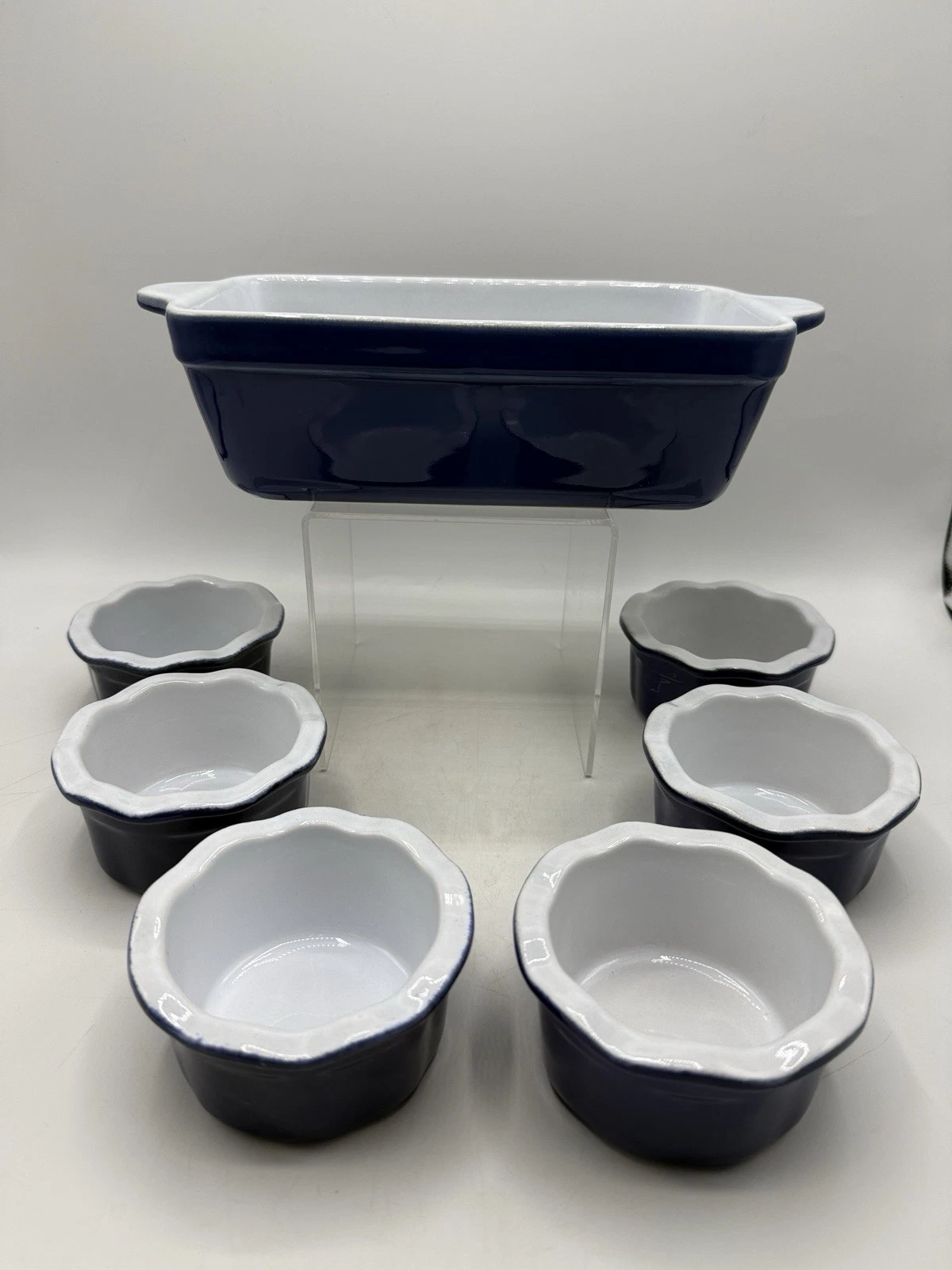EMILE HENRY Cobalt Blue 6 Fluted Ramekins 3.5" Loaf Pan 9" Made in France /rw