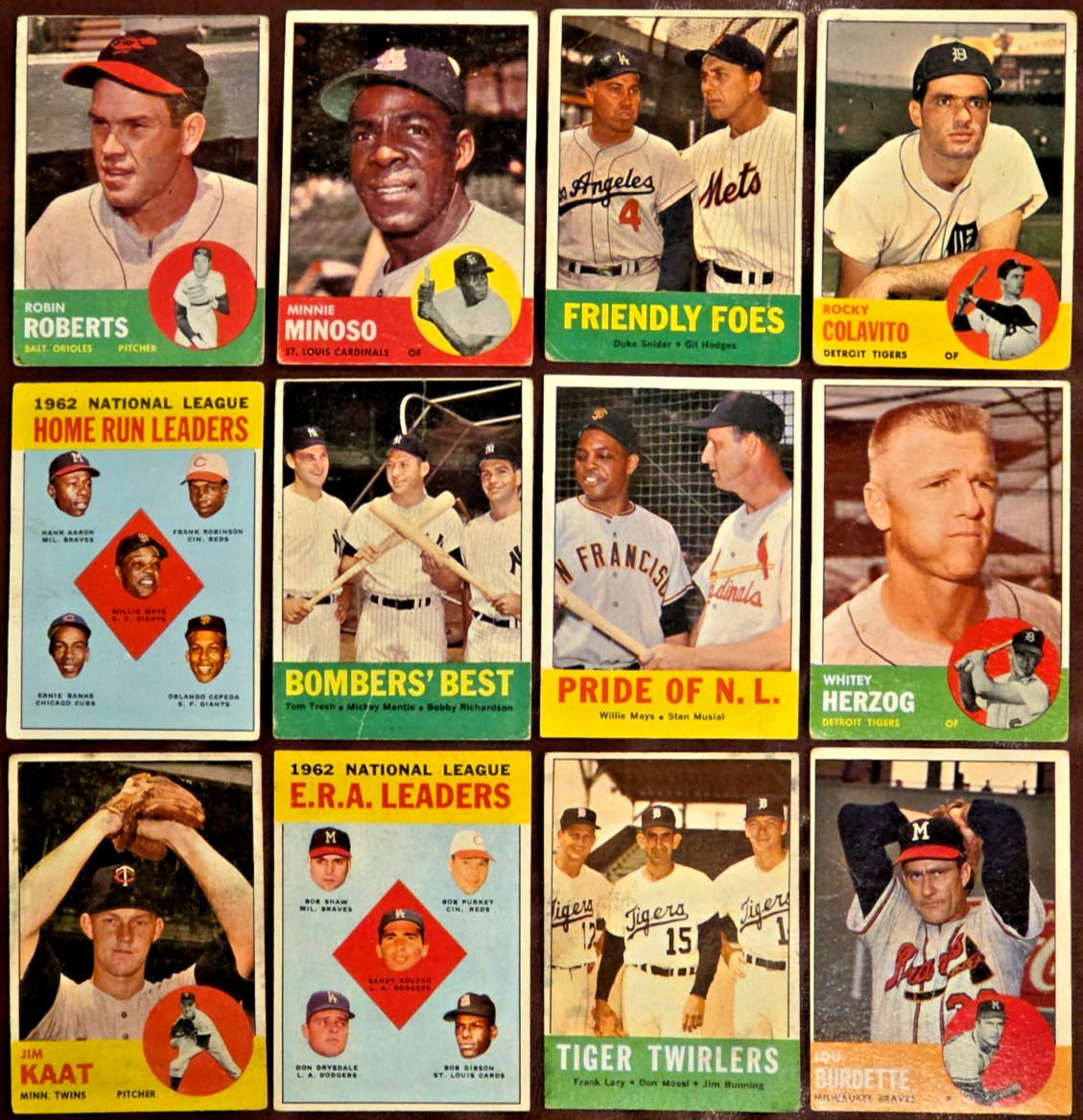 1963 Topps HOF Lot (12) Mantle Mays Musial Aaron Banks Koufax FRob MORE! L/M Gr