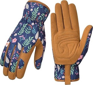 Gardening Gloves - Leather Garden Gloves Thorn Proof, Foliage Print- NEW in Pkg