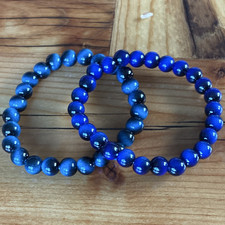Blue Round Stone Beaded Stretch Bracelet, Elastic Closure Ball/Bead Chain
