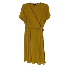 Tahari Fall Mustard Wrap Dress Women Petite Large Chiffon V neck