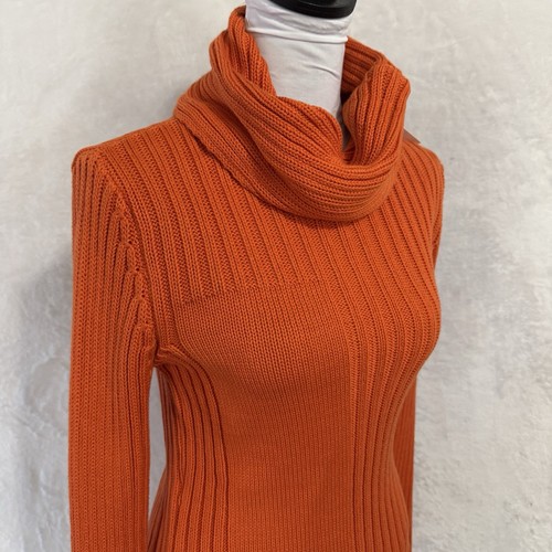NEW Stambecco Italian Chunky Knit Turtleneck Sweater Cowl Size L SLIM Orange Y2K - Picture 4 of 16