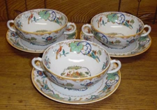 3 Old Ivory Syracuse China Double Handle Cream Soup Bowl & Underplates -Shalimar