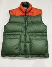 Vtg 70s Frostline Goose Down Vest Green Orange Size L Made in USA Nostalgic