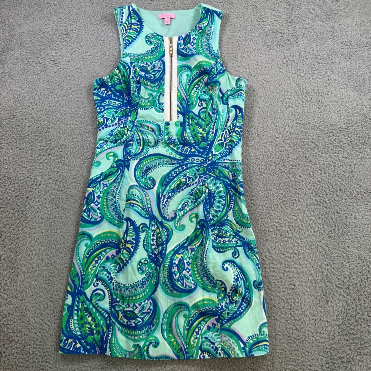 Lilly Pulitzer Womens Green Blue Paisley Zip Front Cotton Shift Dress Size  4 | eBay
