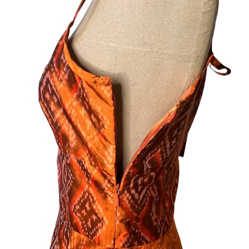 Vestido Solero Estampado Tribal Banana Republic Talla 0 100% Seda Naranja Ardiente Forrado Azteca - Imagen 5 de 12