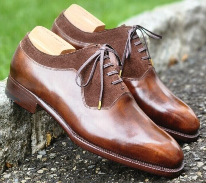 New Elegant Men Handmade Brown Leather & Suede Lace Up Dress  display picture 1