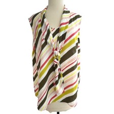 Nine West Sleeveless Blouse Necktie Diagonal Striped Greens Pinks Size Large