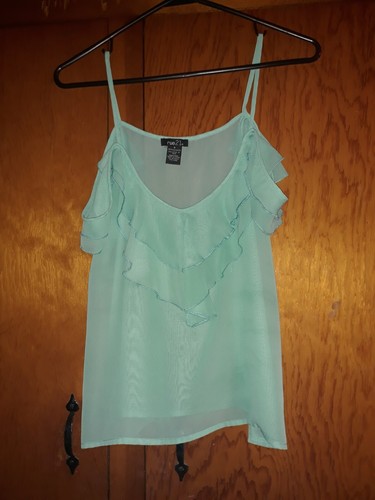 Rue21 Small Tank Top Off the Shoulder Ruffle Chevron Mint Green Sheer - Picture 2 of 7
