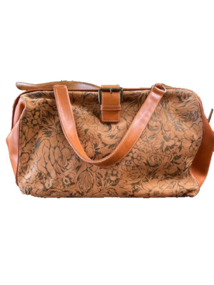 Andrea Carrano Tan Leather Large Doctor Bag/Tote Made in Italy, Flower Pattern