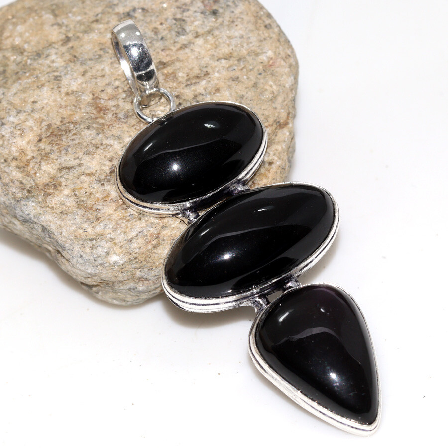 925 Silver Plated Black Onyx Ethnic Long Pendant Jewelry Size 2.8