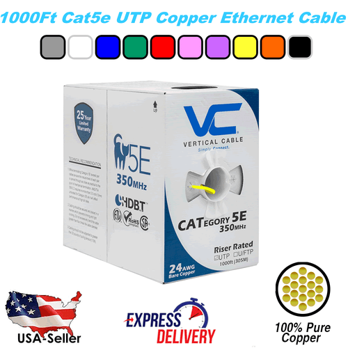 1000Ft Cat5E Vertical Cable Solid CMR Bare Copper Bulk Ethernet Cable - 9 Colors - Picture 9 of 13