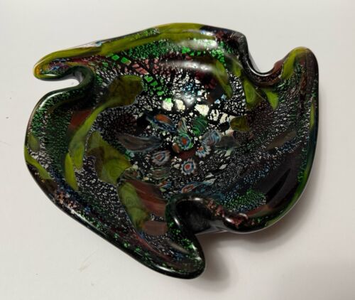 Murano Tutti Frutti Art Glass Italiano Argento Macchia Verde Nero Ciotola Piatto MCM - Foto 4 di 8